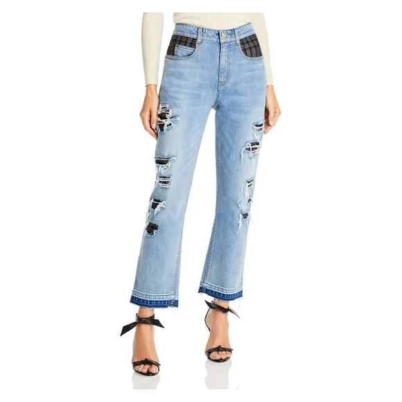 HELLESSY Distressed High Rise Boyfriend Jeans with Plaid Fabric Combo 2 - Picture 1 of 11